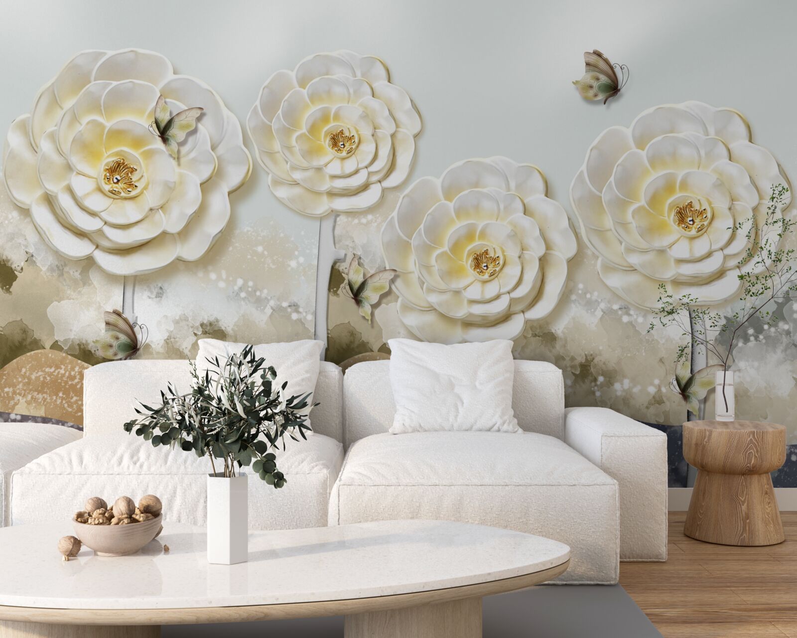 Fotobehang vlinders vliegen in de buurt van de enorme romige knoppen