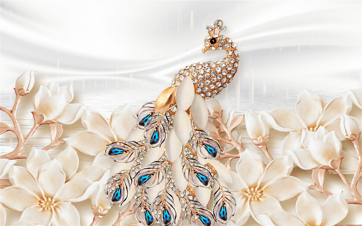 Fotobehang gouden pauw op een achtergrond van witte bloemen