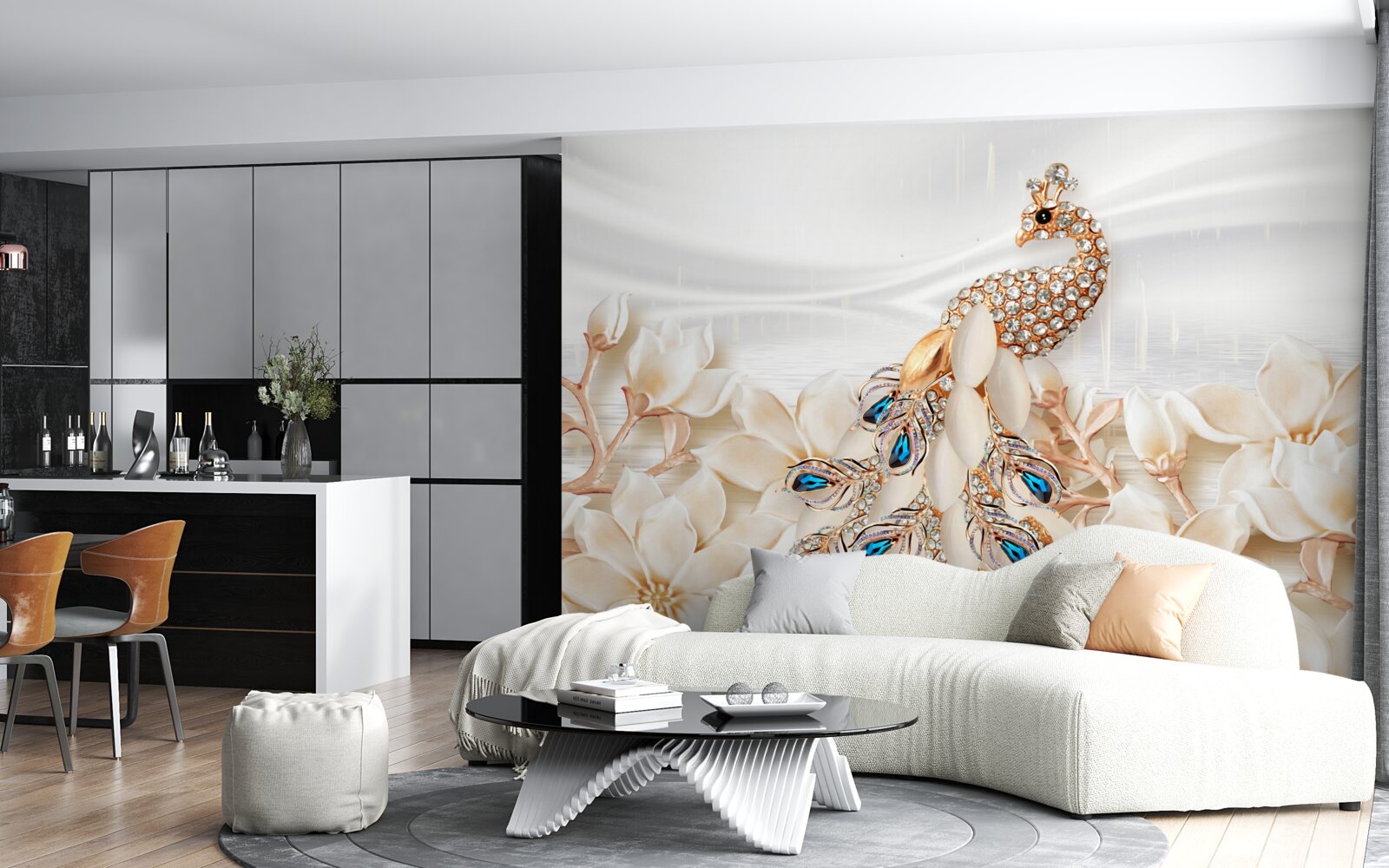 Fotobehang gouden pauw op een achtergrond van witte bloemen