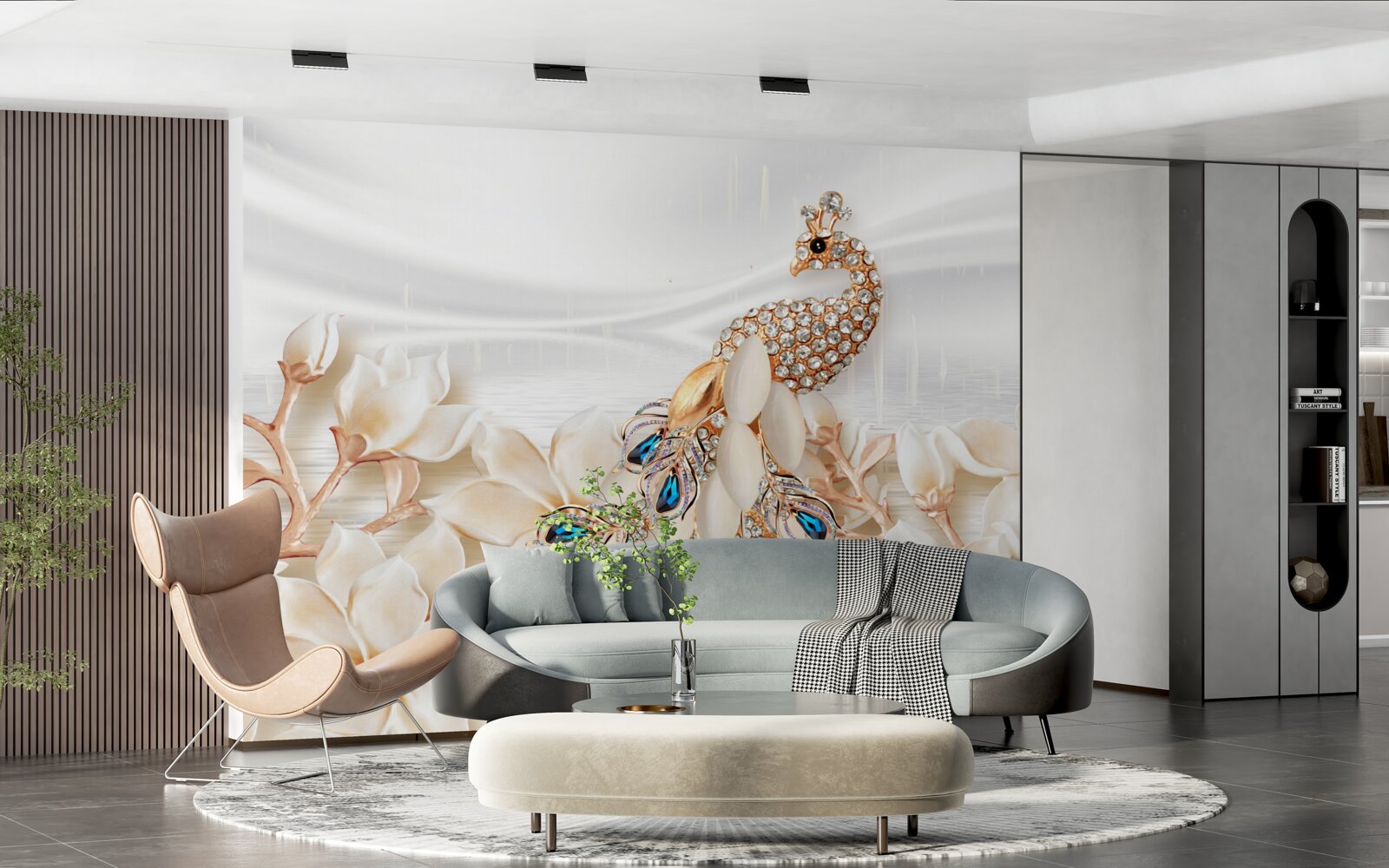 Fotobehang gouden pauw op een achtergrond van witte bloemen