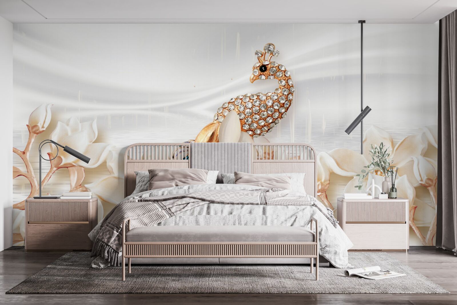 Fotobehang gouden pauw op een achtergrond van witte bloemen