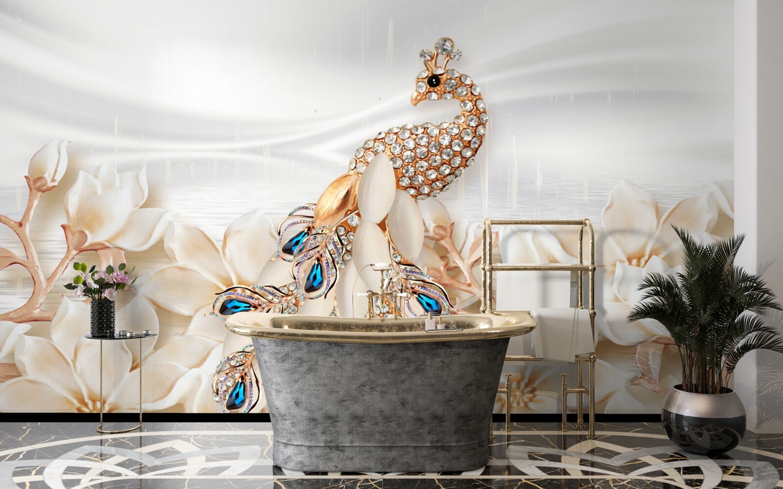 Fotobehang gouden pauw op een achtergrond van witte bloemen