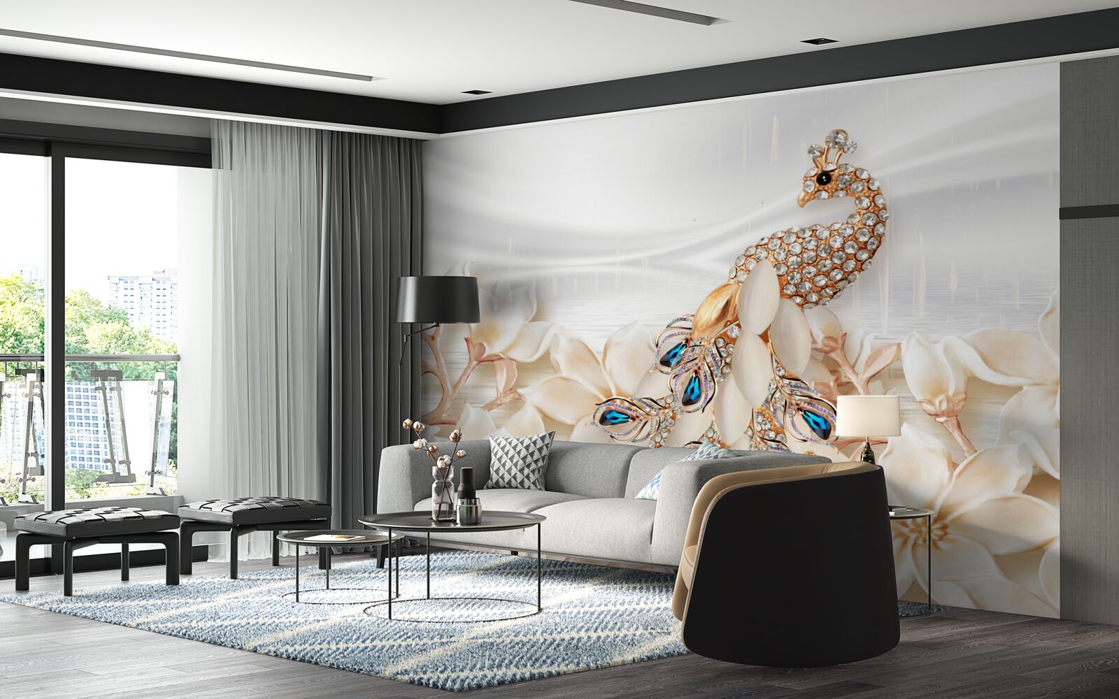 Fotobehang gouden pauw op een achtergrond van witte bloemen