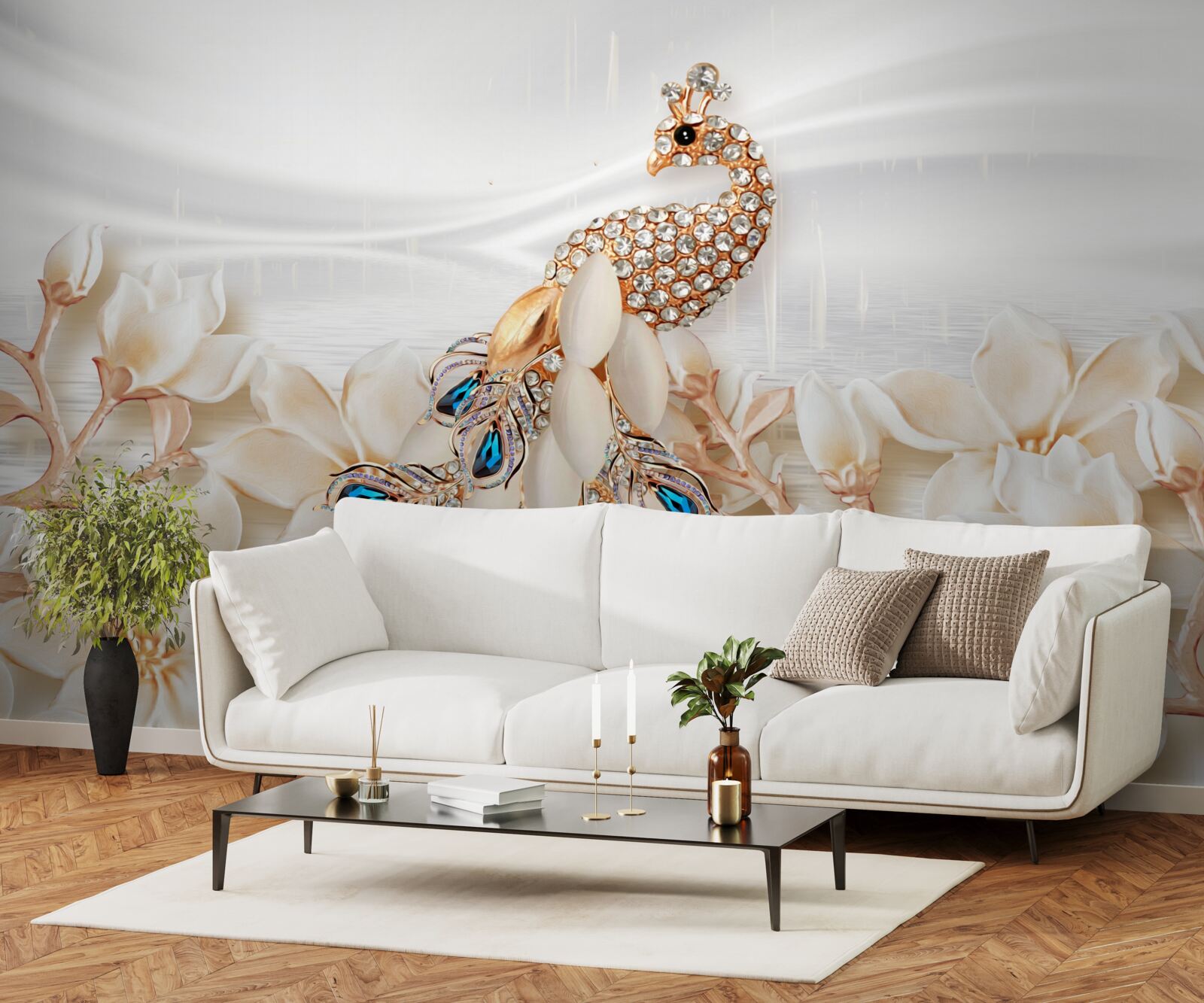 Fotobehang gouden pauw op een achtergrond van witte bloemen