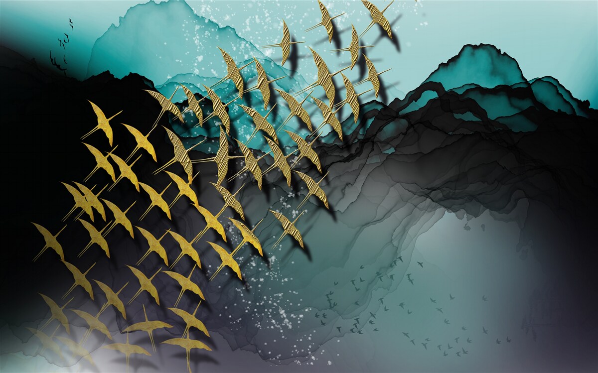 Fotobehang groep vogels vliegend in de schemering