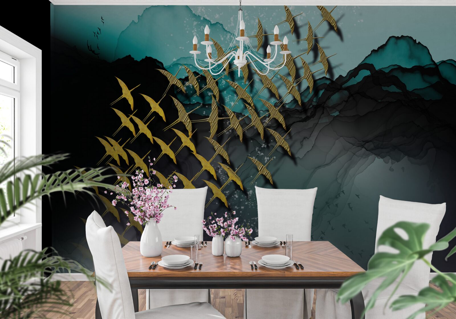 Fotobehang groep vogels vliegend in de schemering