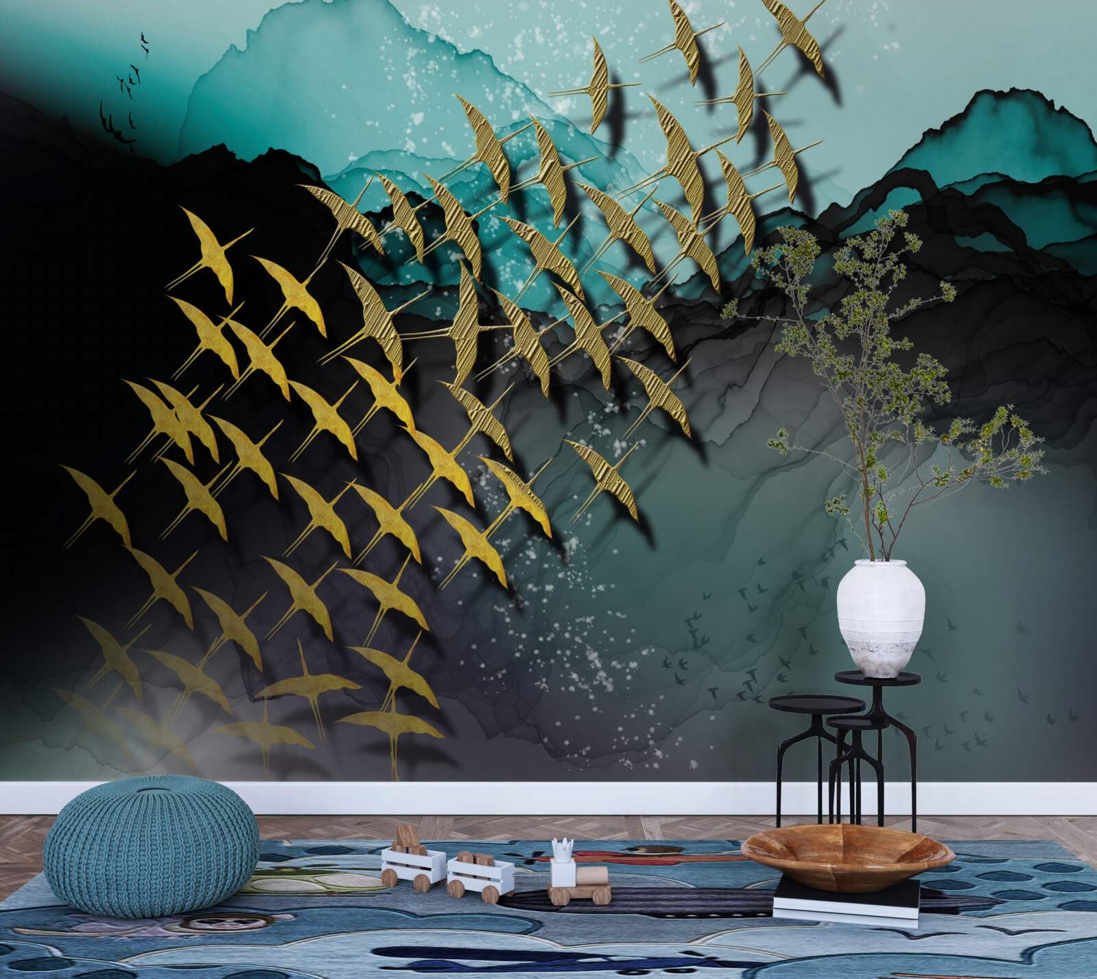 Fotobehang groep vogels vliegend in de schemering