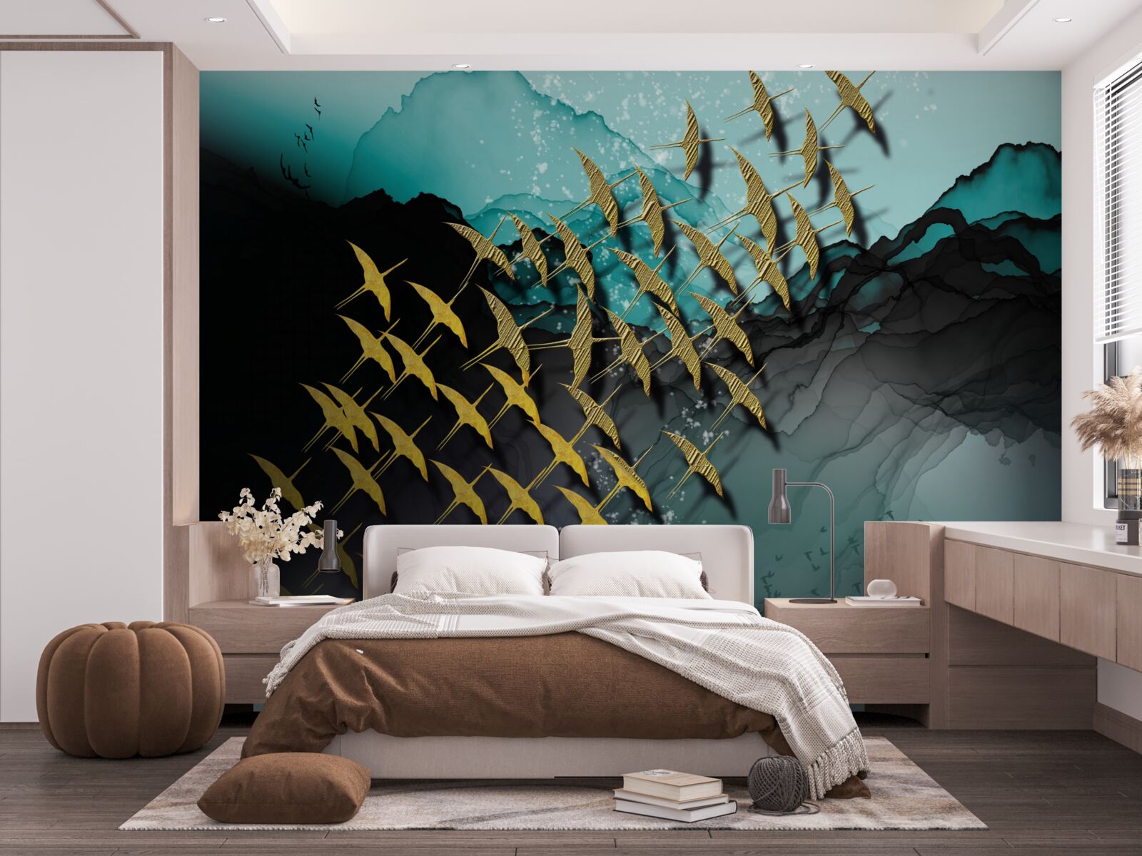 Fotobehang groep vogels vliegend in de schemering