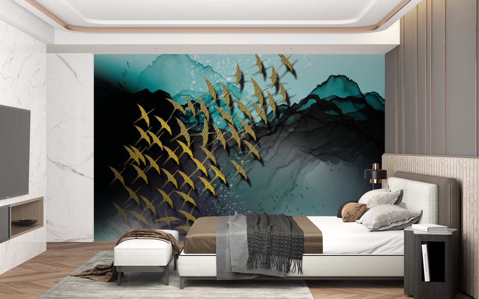 Fotobehang groep vogels vliegend in de schemering