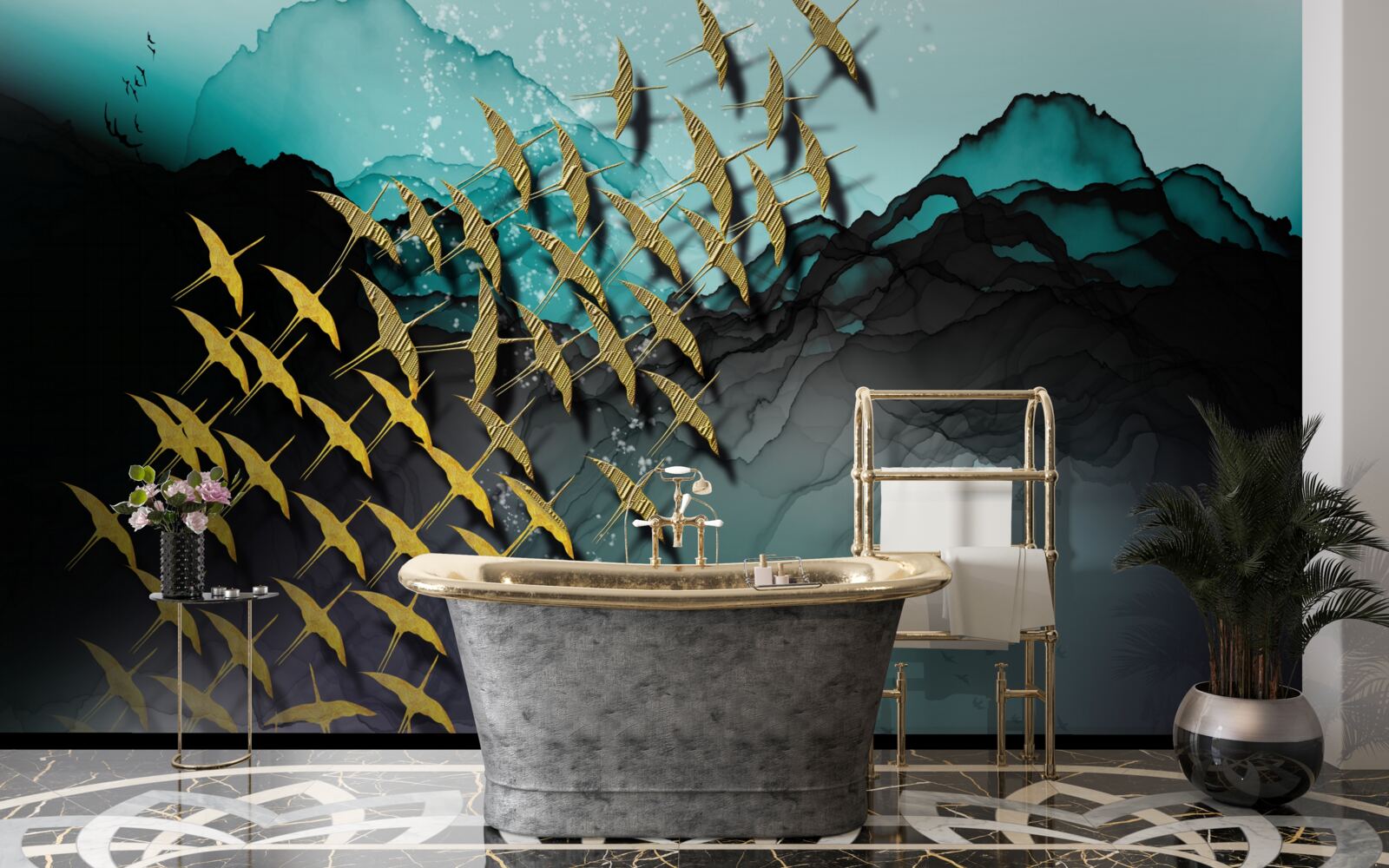 Fotobehang groep vogels vliegend in de schemering