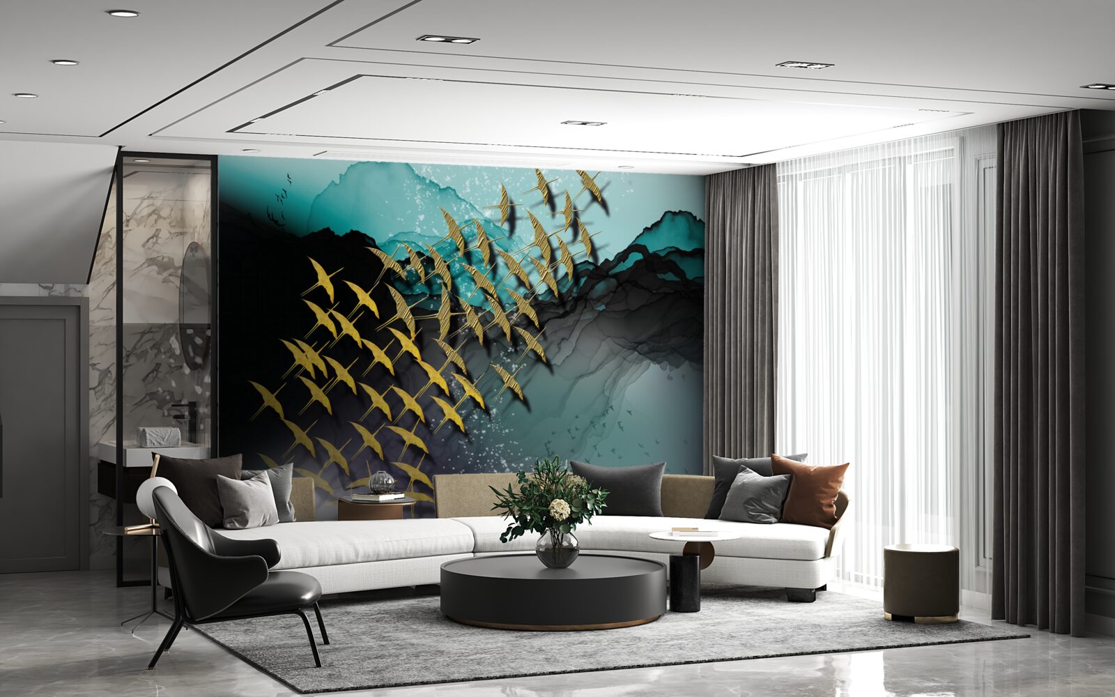 Fotobehang groep vogels vliegend in de schemering