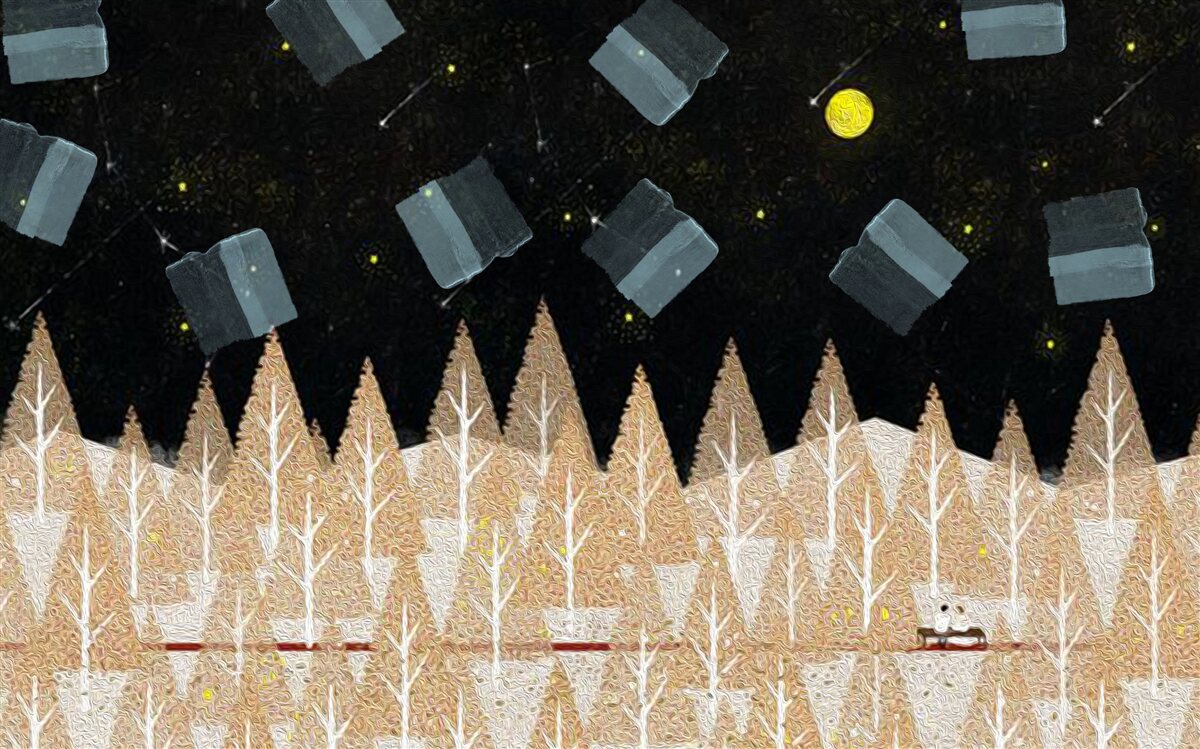 Fotobehang metafysisch bos in het donker en stralende sterren