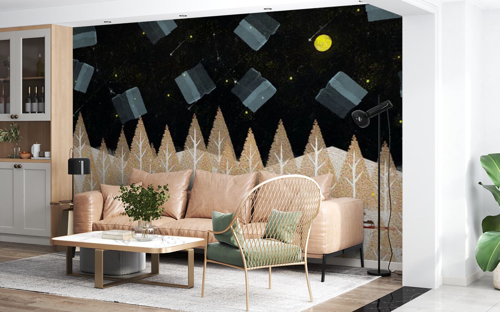 Fotobehang metafysisch bos in het donker en stralende sterren