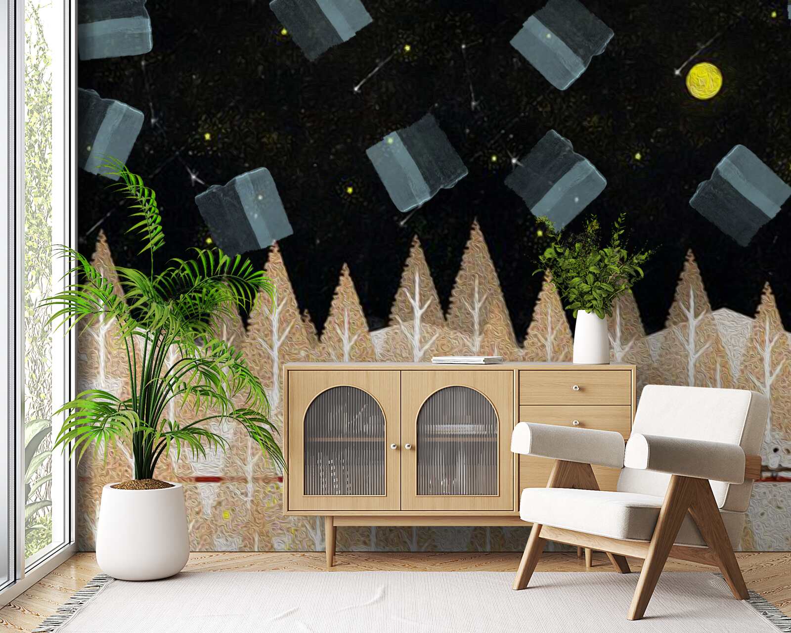 Fotobehang metafysisch bos in het donker en stralende sterren