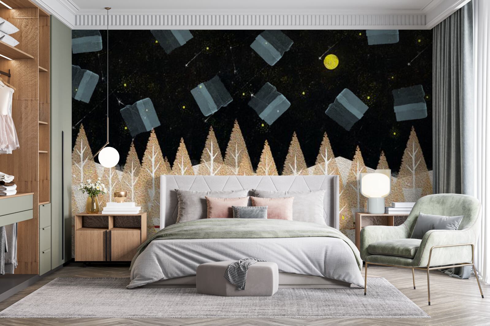 Fotobehang metafysisch bos in het donker en stralende sterren