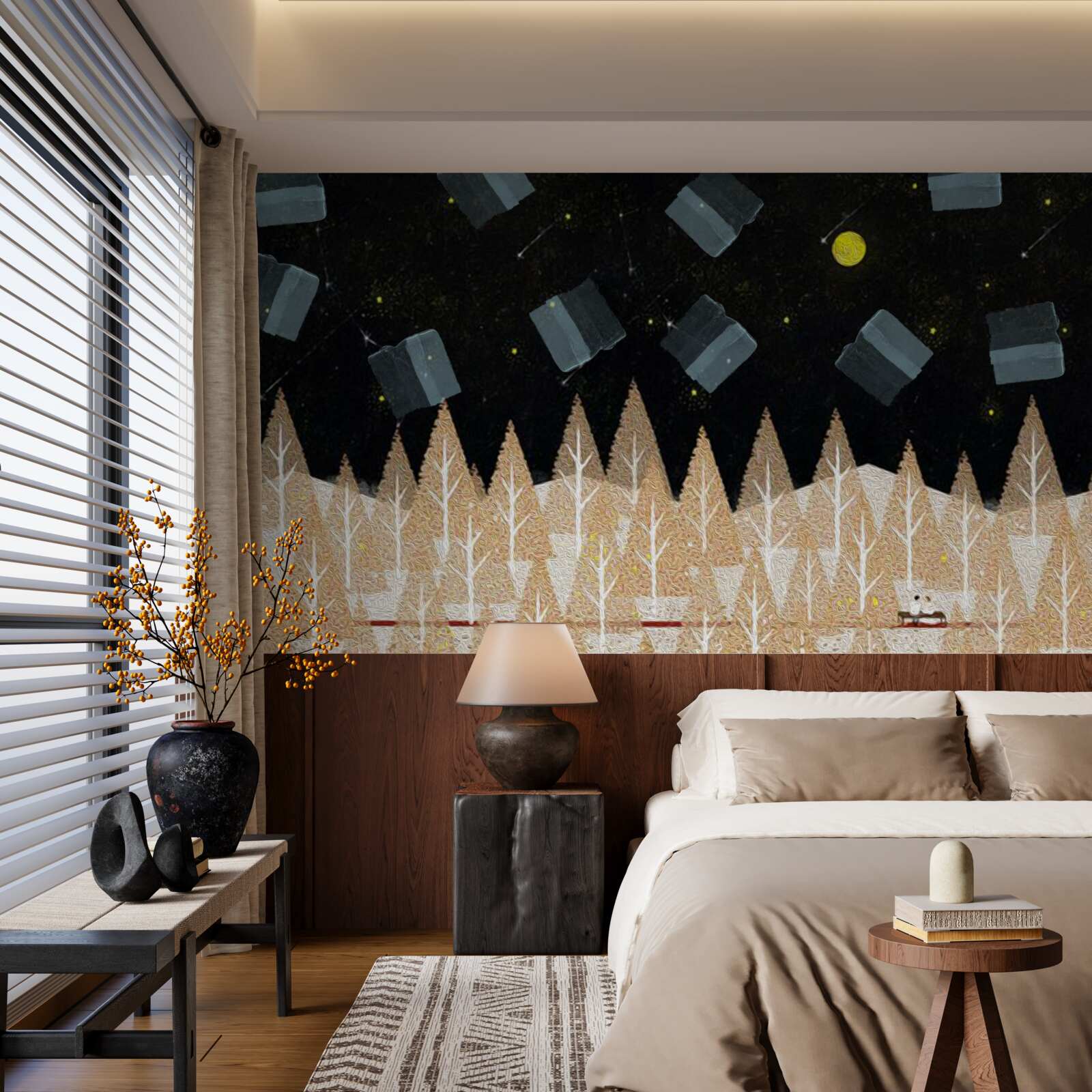 Fotobehang metafysisch bos in het donker en stralende sterren