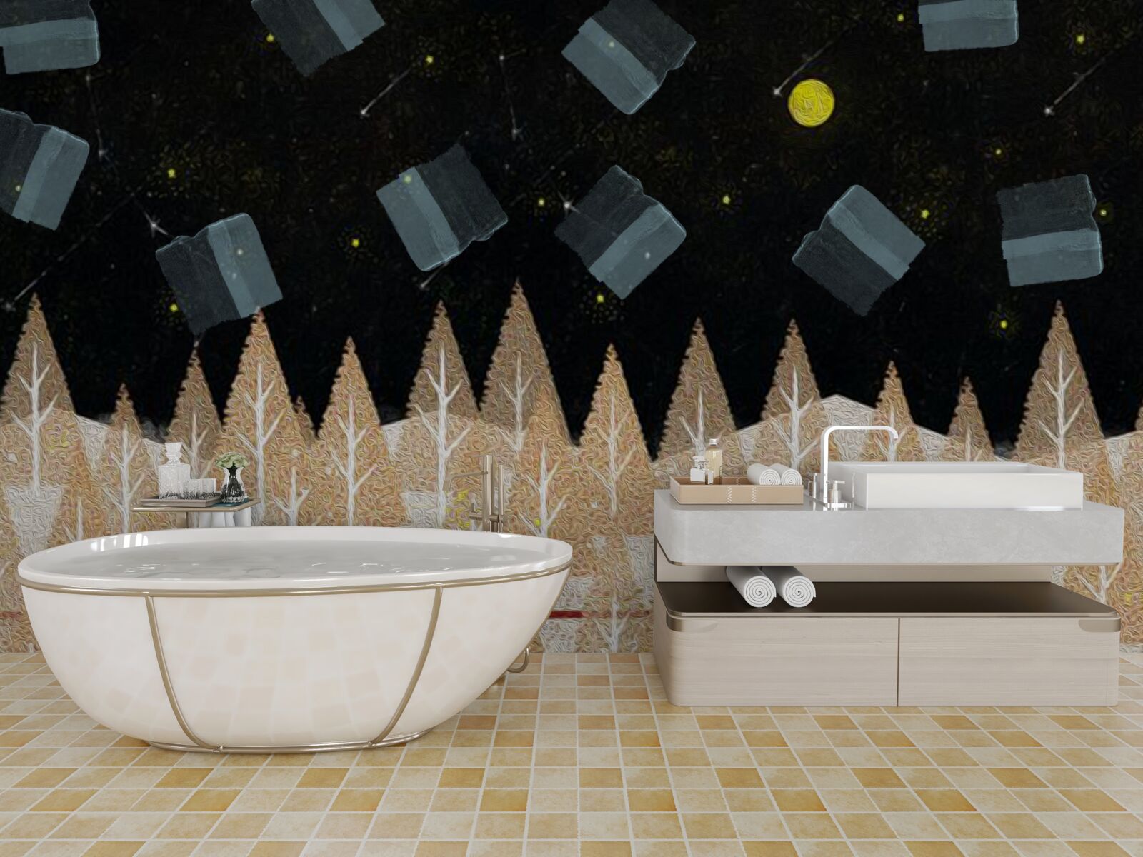 Fotobehang metafysisch bos in het donker en stralende sterren