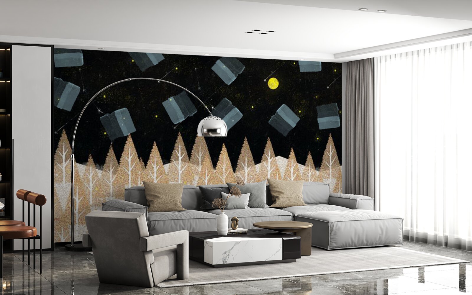 Fotobehang metafysisch bos in het donker en stralende sterren