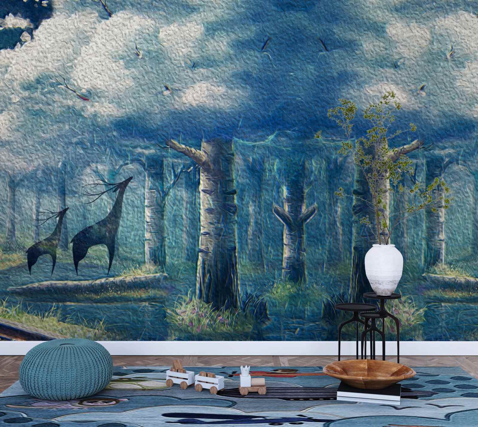 Fotobehang herten lopen door een koud bos