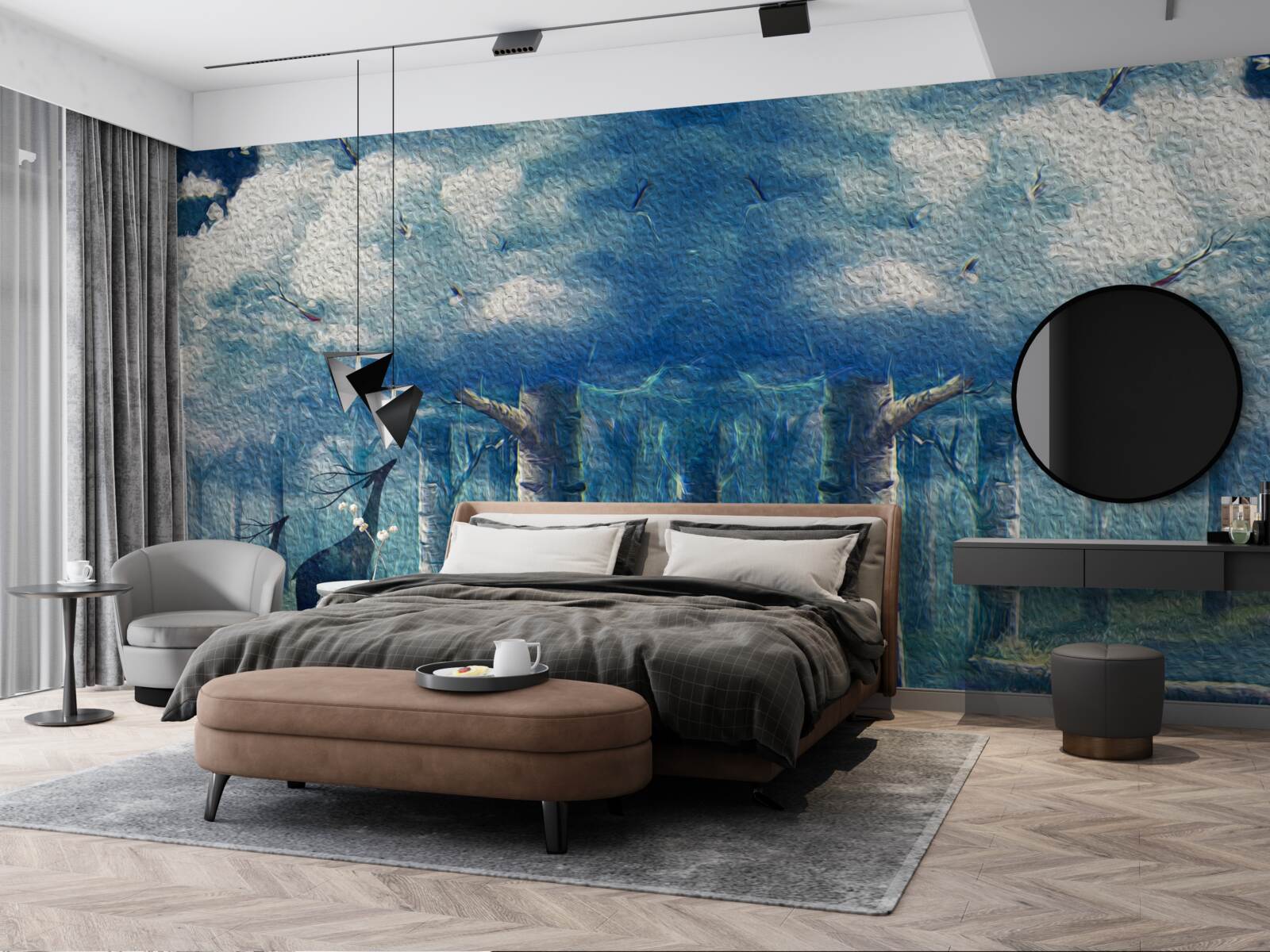 Fotobehang herten lopen door een koud bos