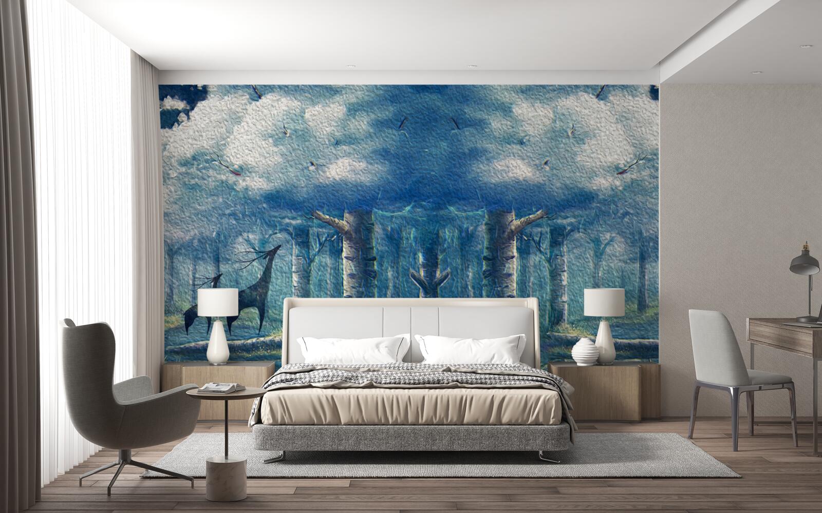 Fotobehang herten lopen door een koud bos