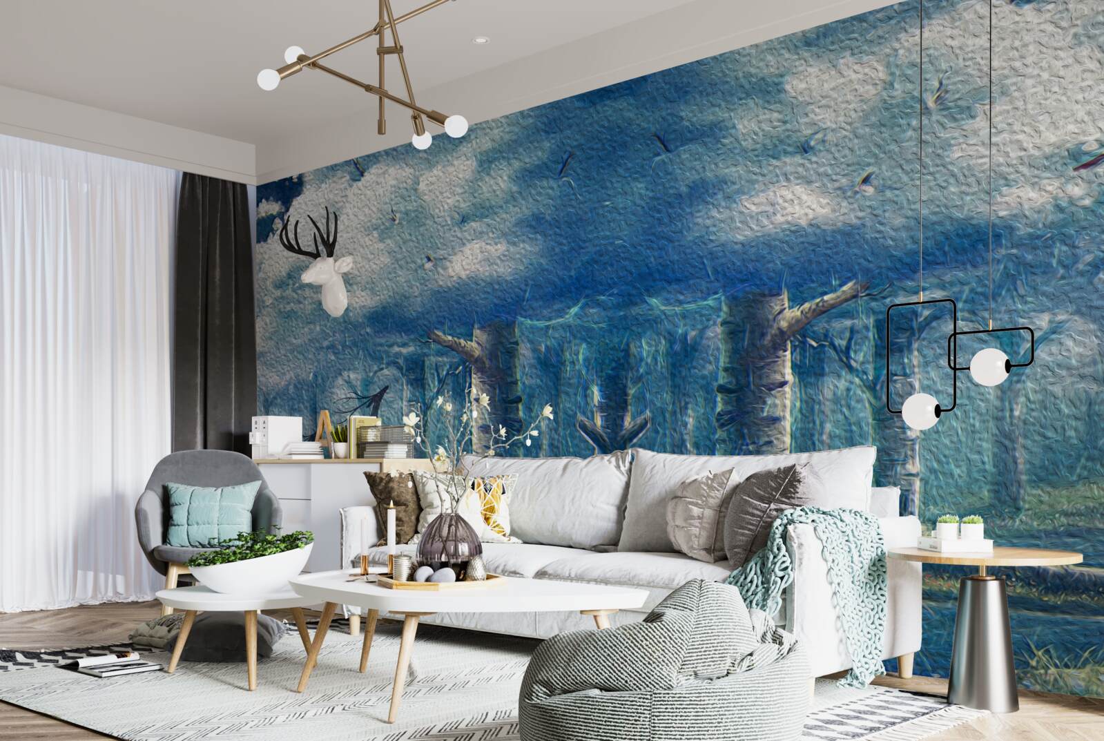 Fotobehang herten lopen door een koud bos