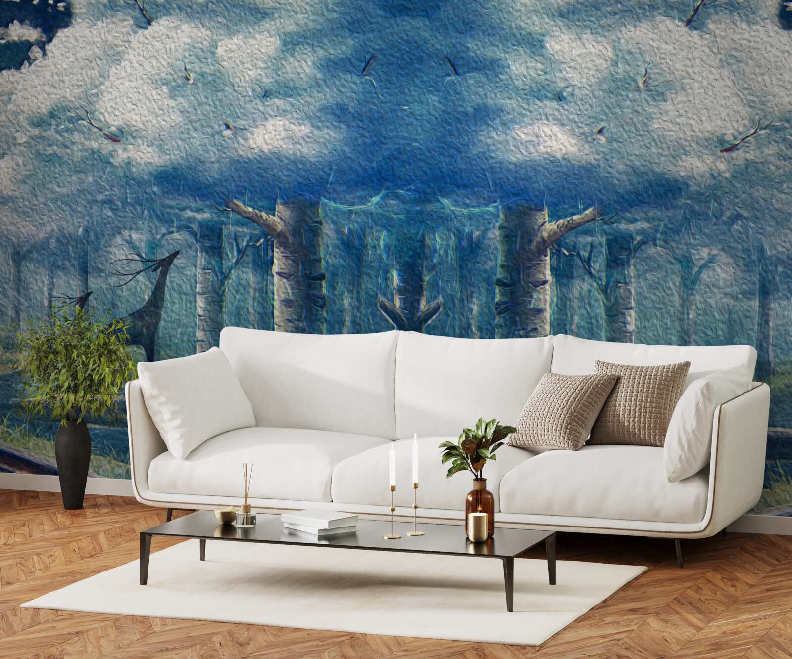 Fotobehang herten lopen door een koud bos