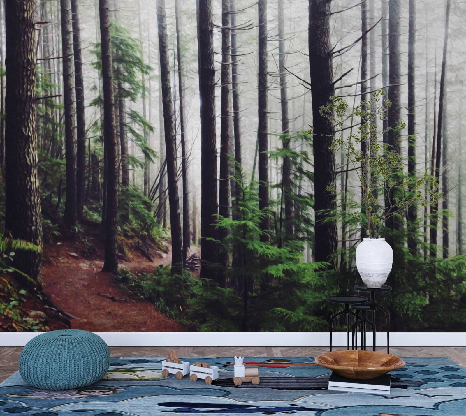 Fotobehang het mistige bos staat vol met hoge en slanke bomen