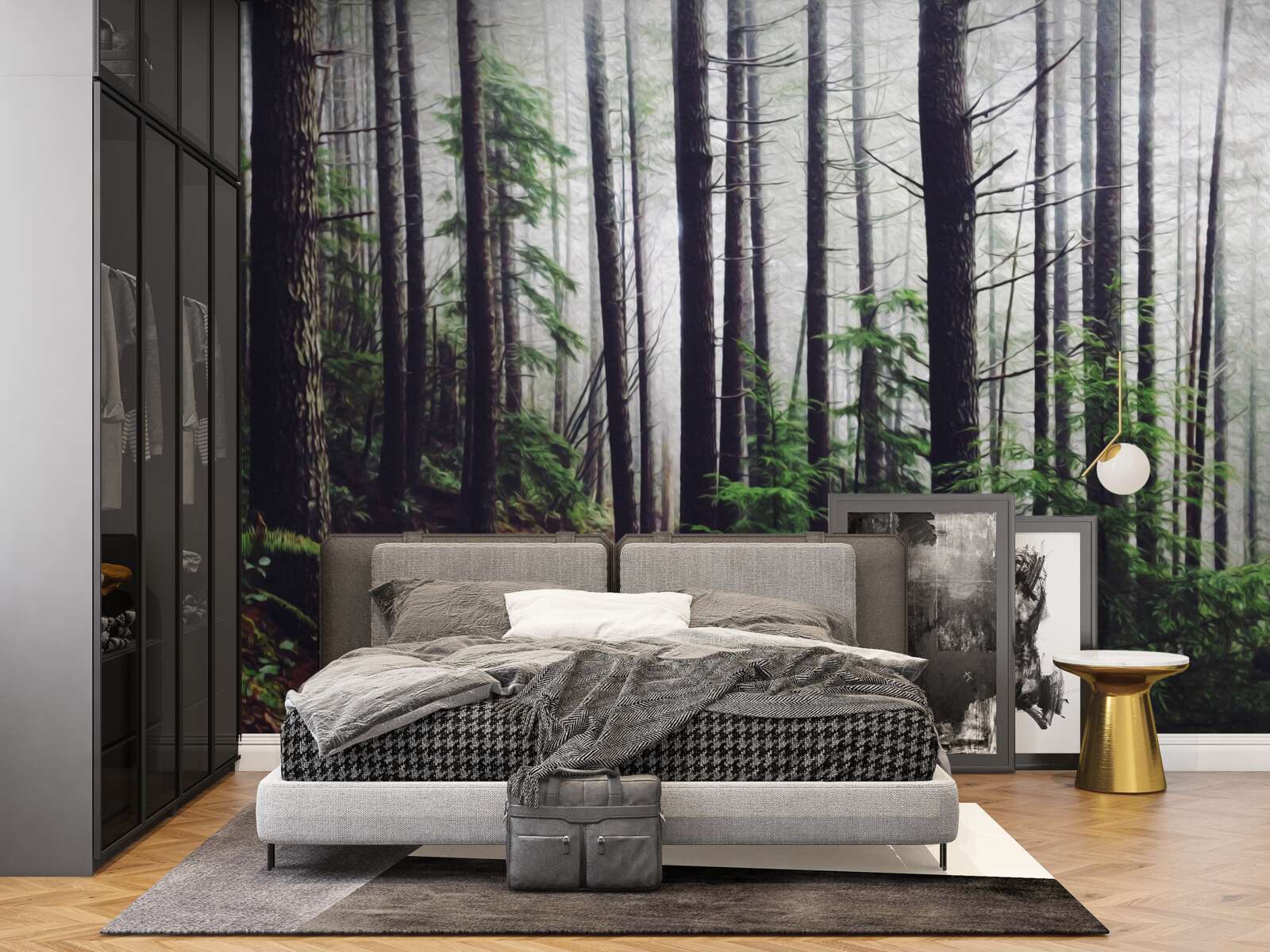 Fotobehang het mistige bos staat vol met hoge en slanke bomen