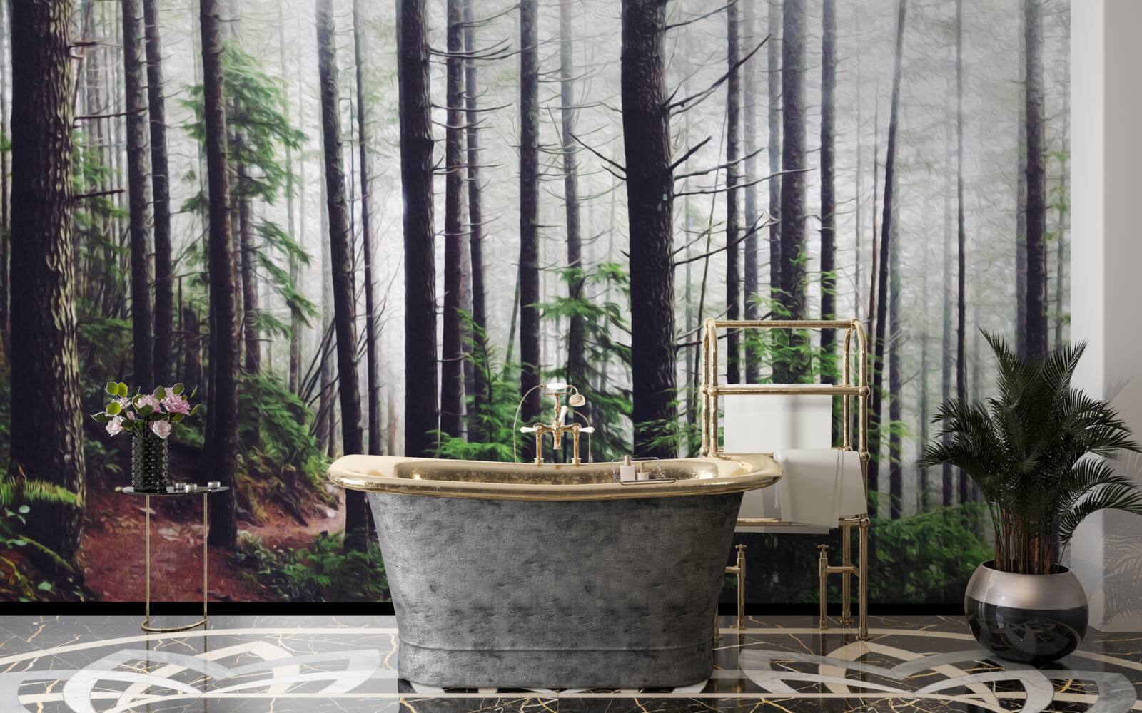 Fotobehang het mistige bos staat vol met hoge en slanke bomen