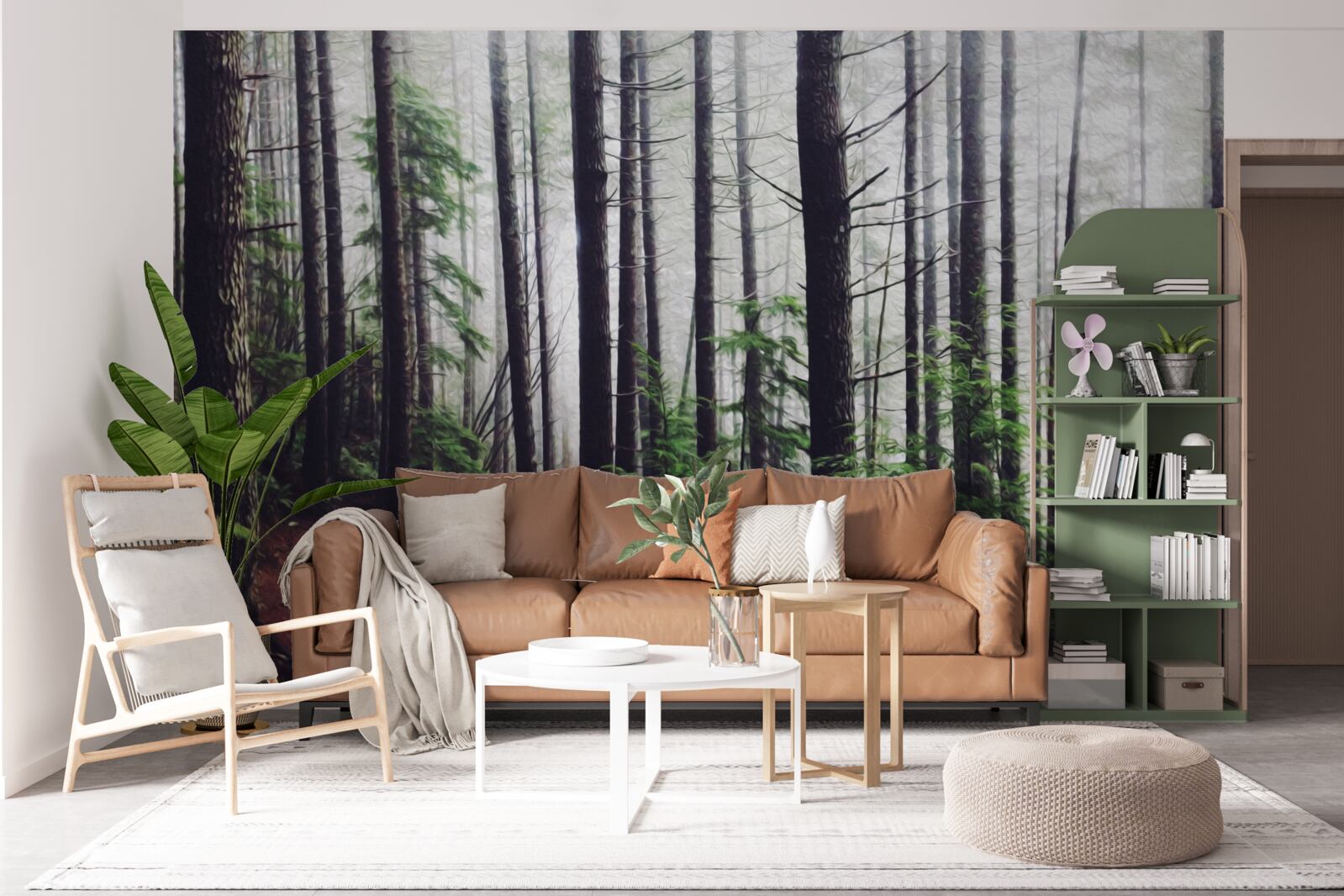 Fotobehang het mistige bos staat vol met hoge en slanke bomen