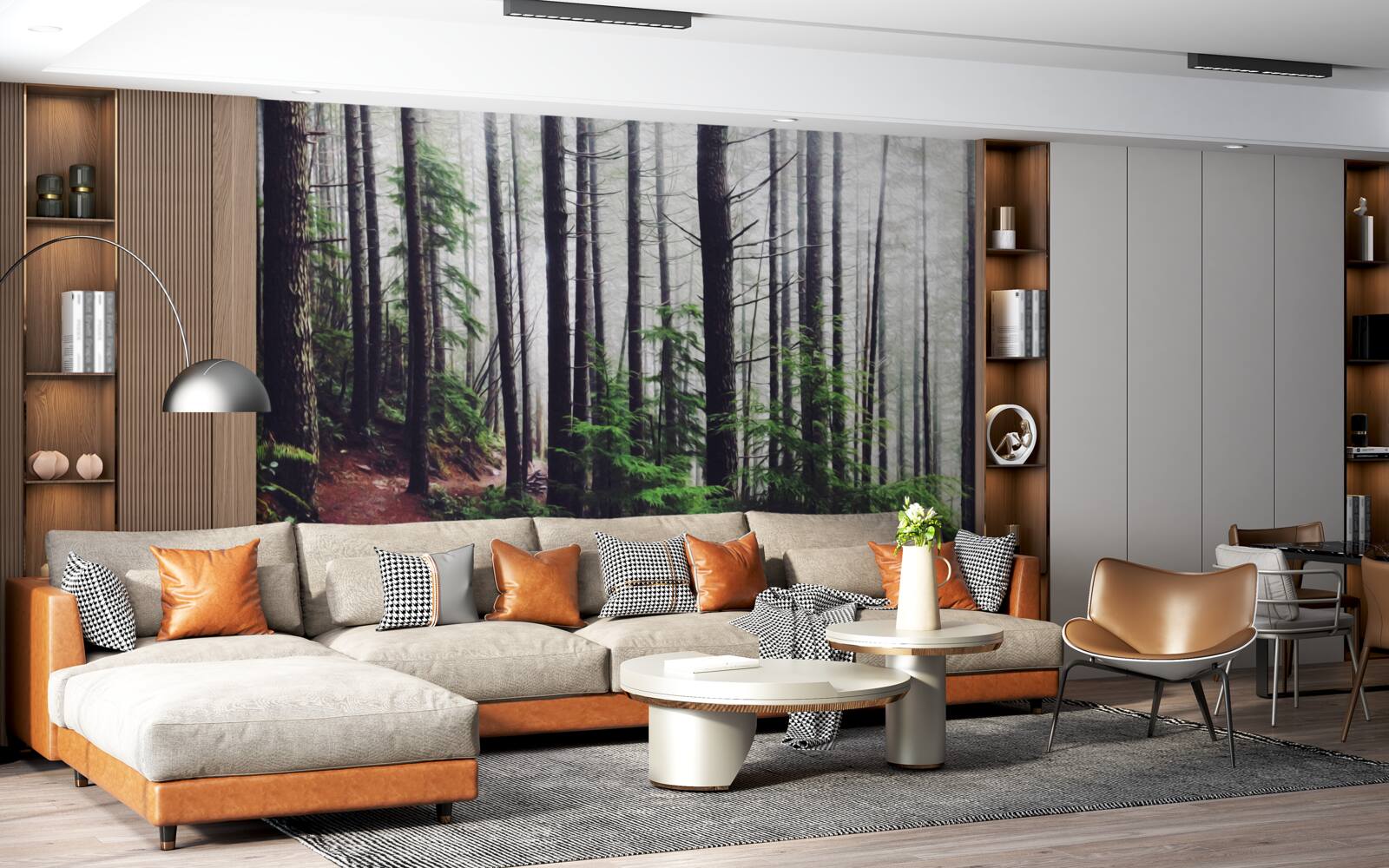 Fotobehang het mistige bos staat vol met hoge en slanke bomen