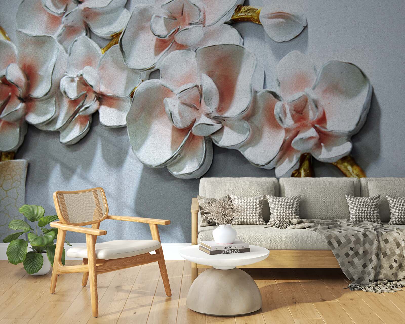 Fotobehang omtrek de takken van een sneeuwwitte orchidee