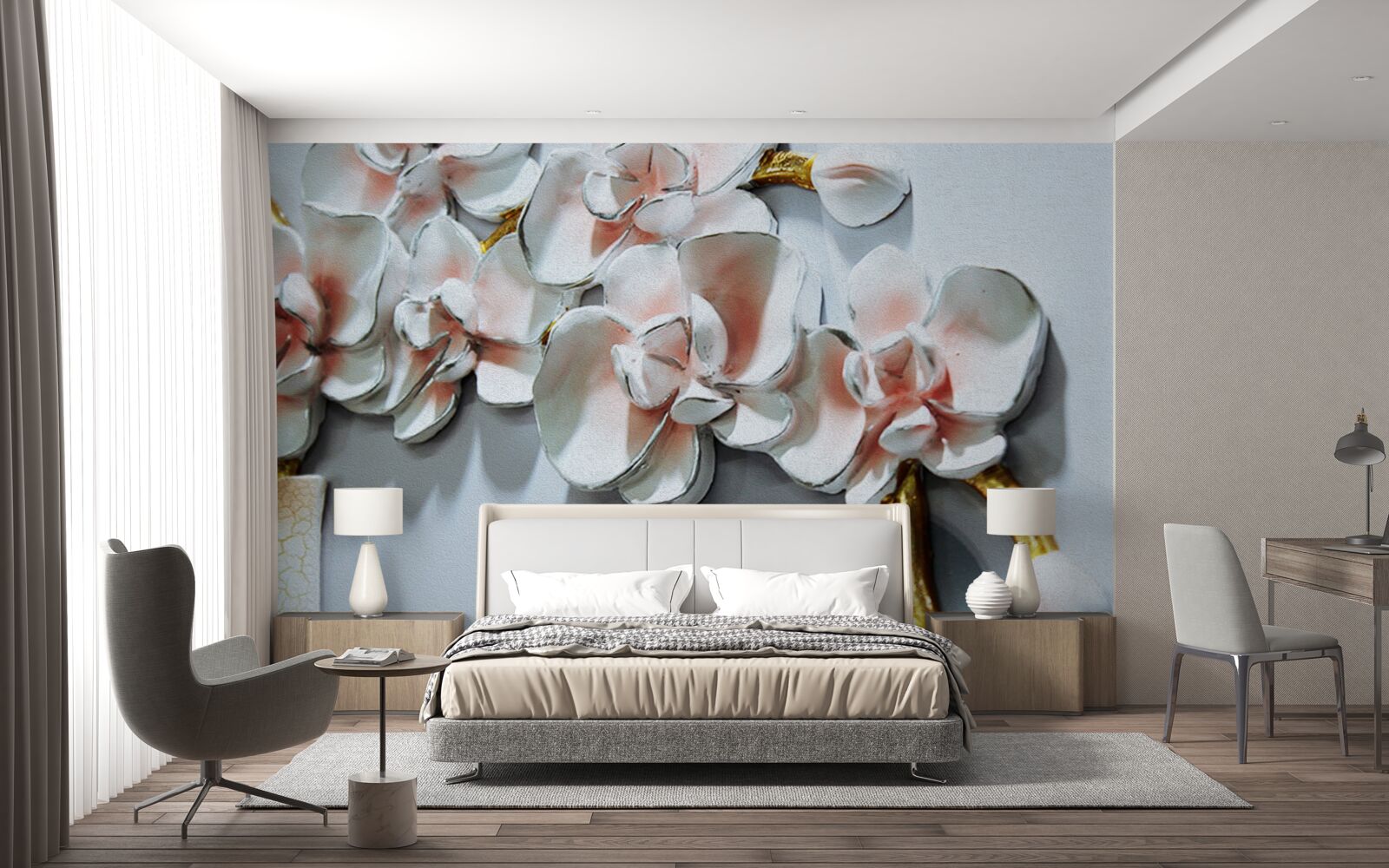 Fotobehang omtrek de takken van een sneeuwwitte orchidee