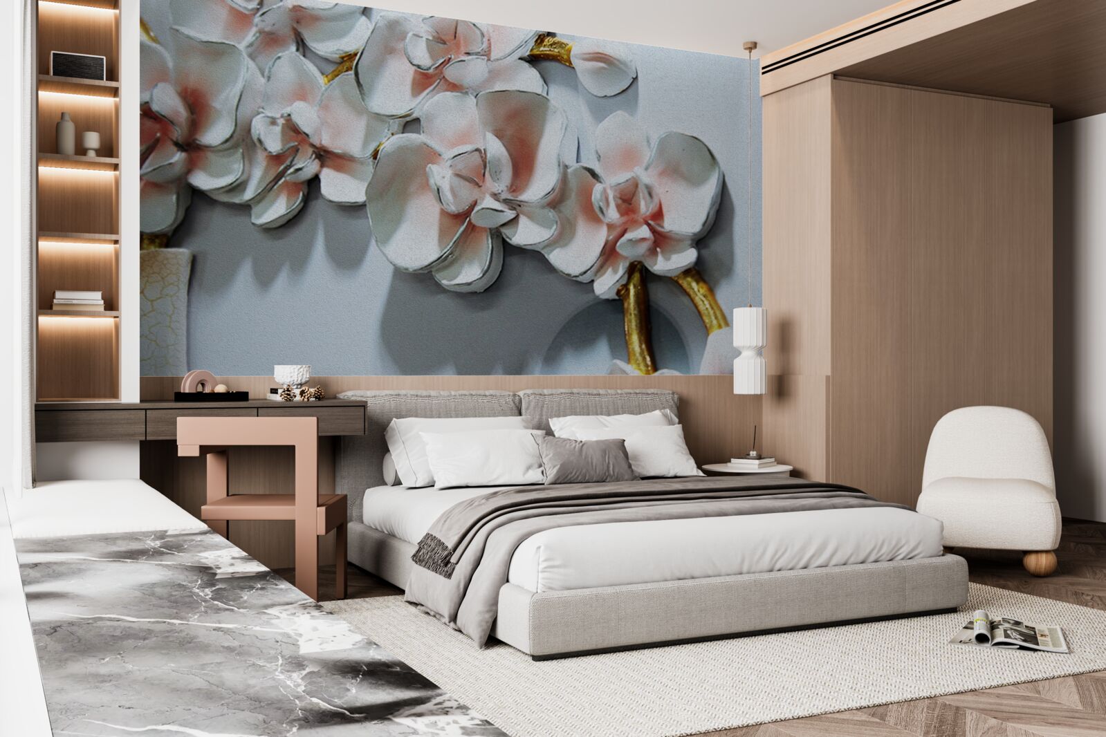 Fotobehang omtrek de takken van een sneeuwwitte orchidee