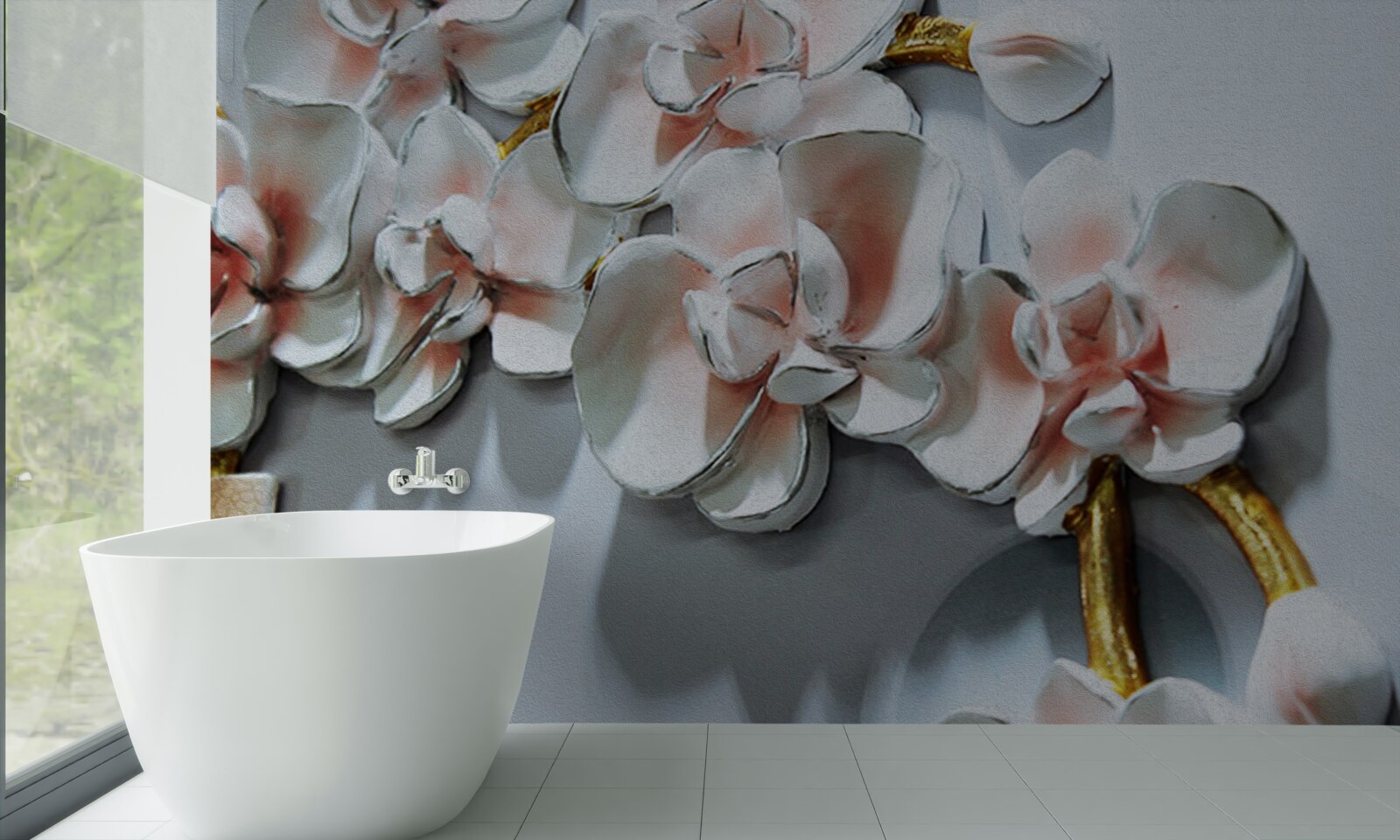 Fotobehang omtrek de takken van een sneeuwwitte orchidee