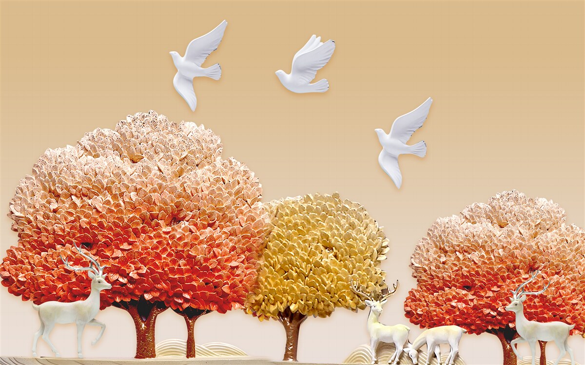 Fotobehang prachtig herfstbos onder de vleugels van witte duiven