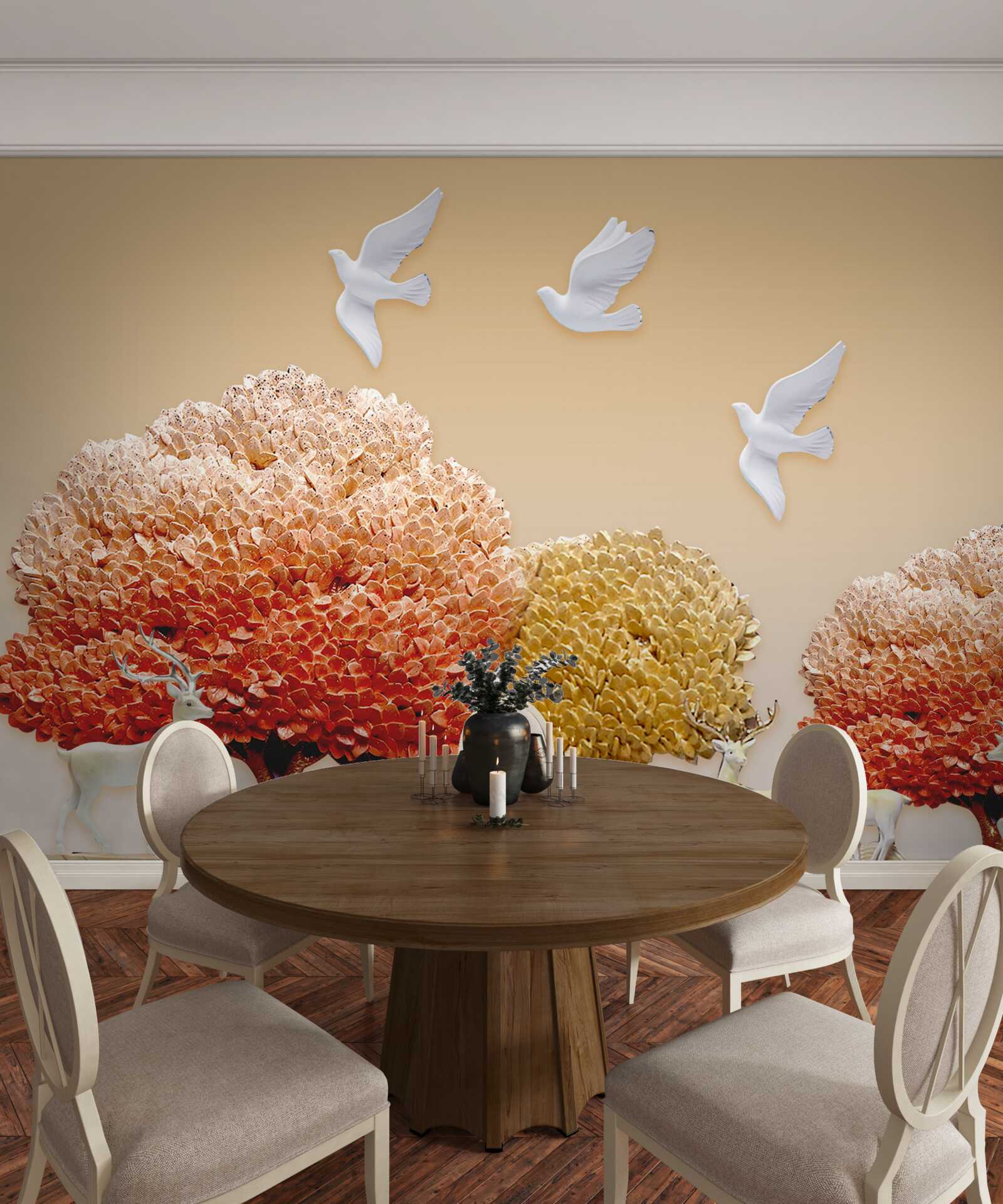 Fotobehang prachtig herfstbos onder de vleugels van witte duiven