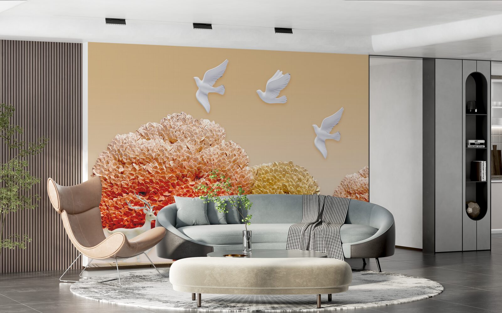 Fotobehang prachtig herfstbos onder de vleugels van witte duiven