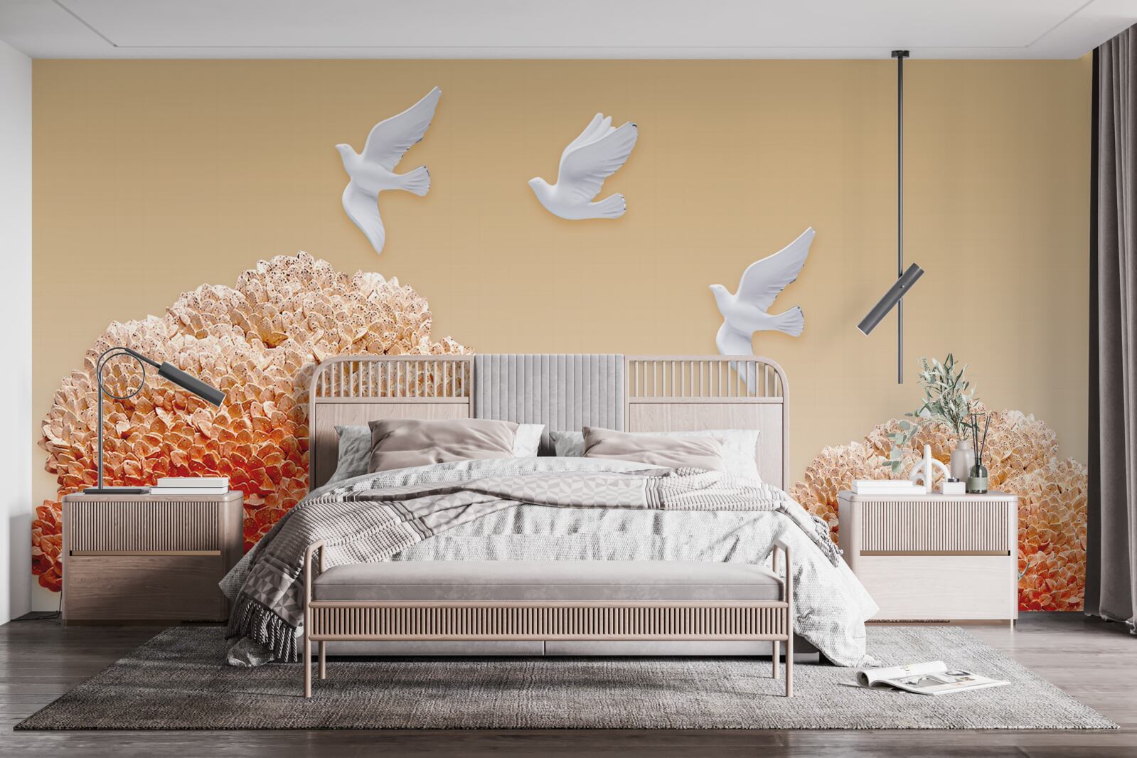 Fotobehang prachtig herfstbos onder de vleugels van witte duiven