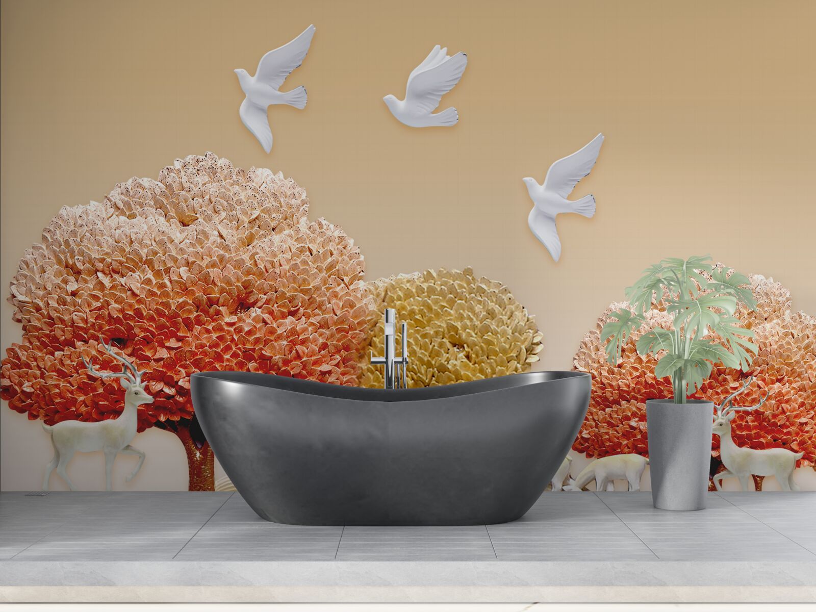 Fotobehang prachtig herfstbos onder de vleugels van witte duiven