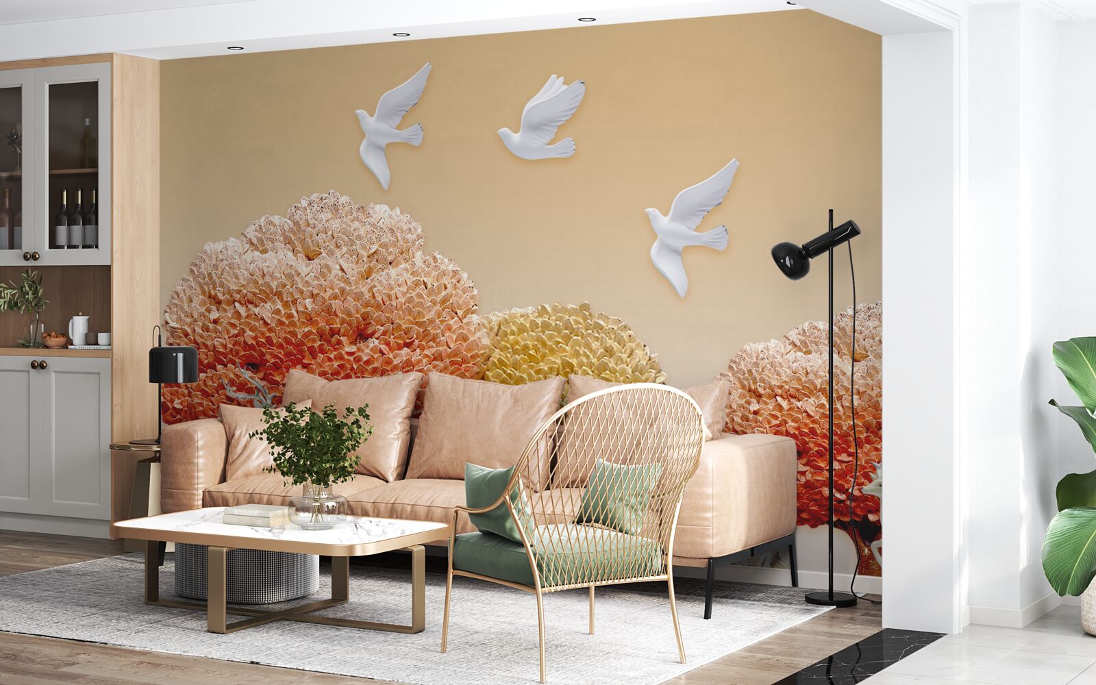 Fotobehang prachtig herfstbos onder de vleugels van witte duiven