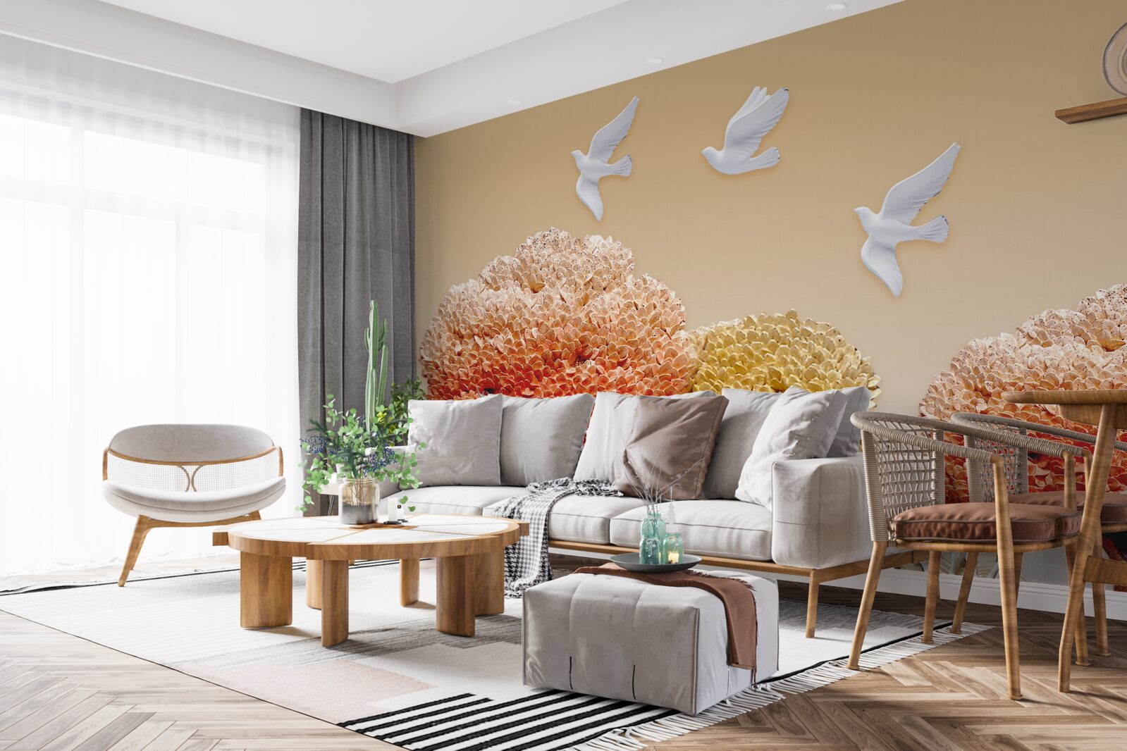 Fotobehang prachtig herfstbos onder de vleugels van witte duiven