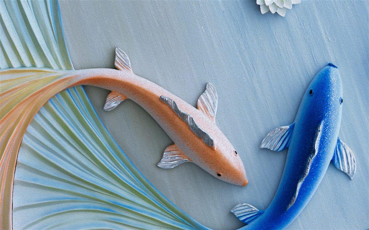 Fotobehang gouden en blauwe vissen zwemmen in het water