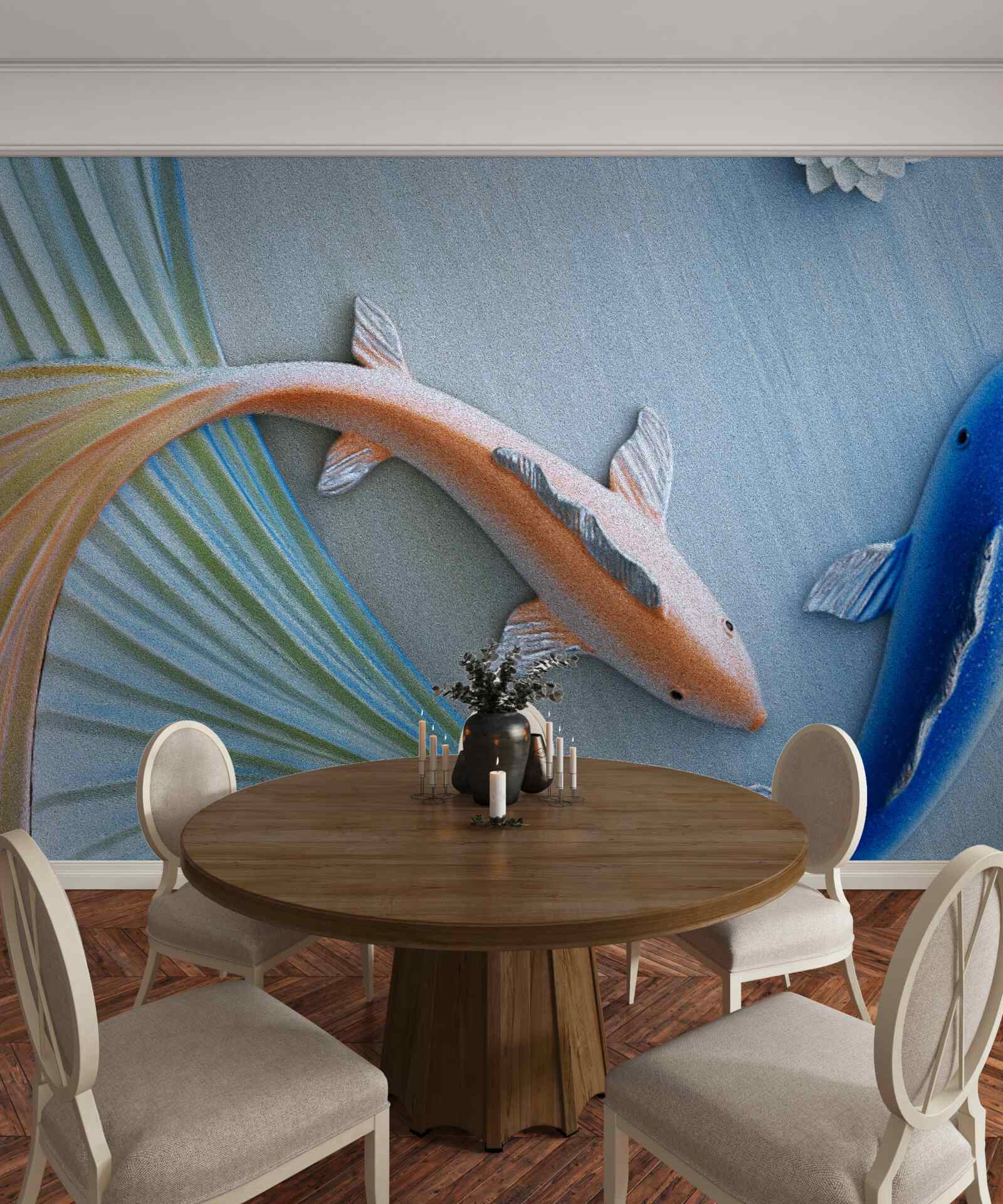 Fotobehang gouden en blauwe vissen zwemmen in het water