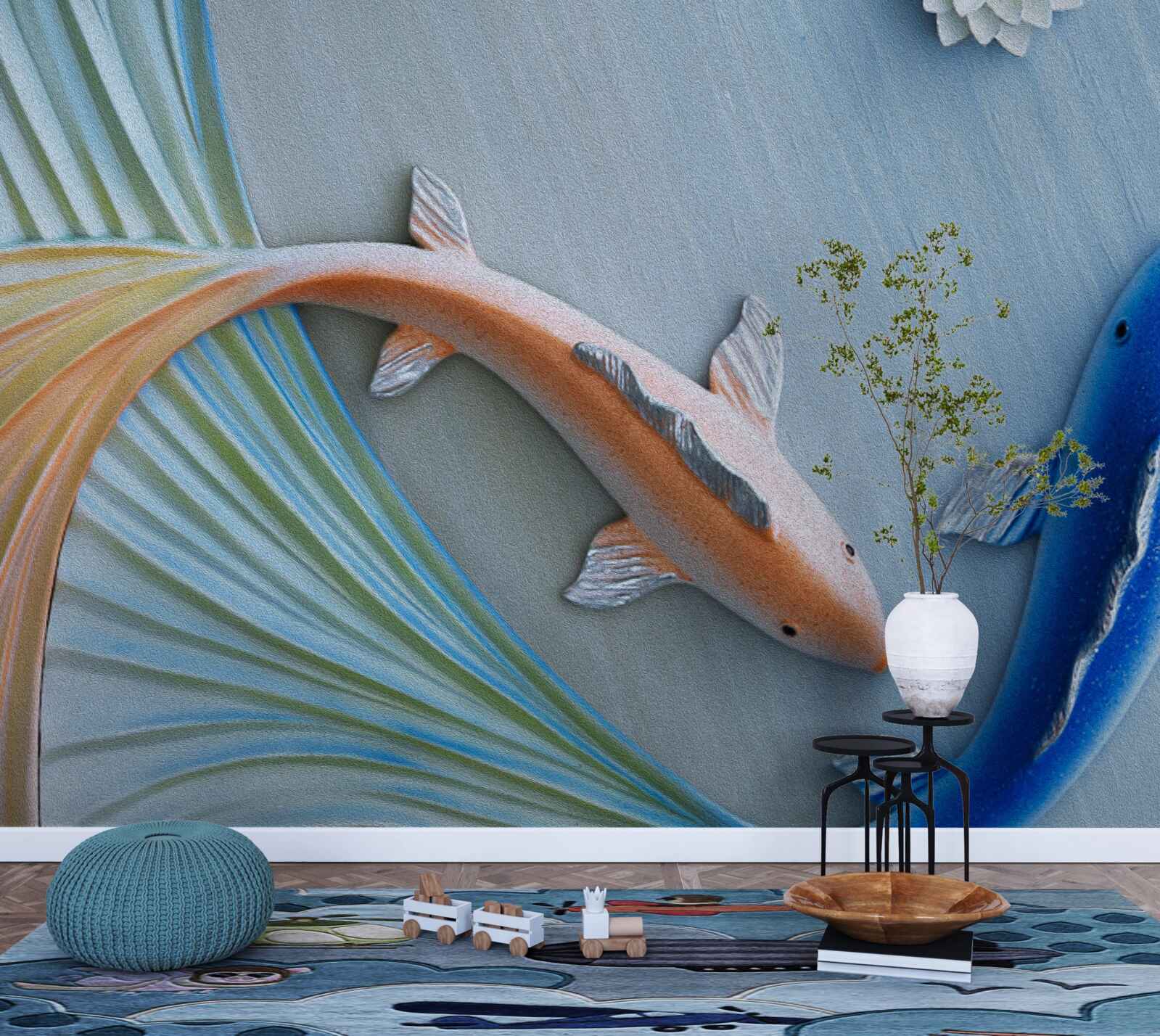 Fotobehang gouden en blauwe vissen zwemmen in het water