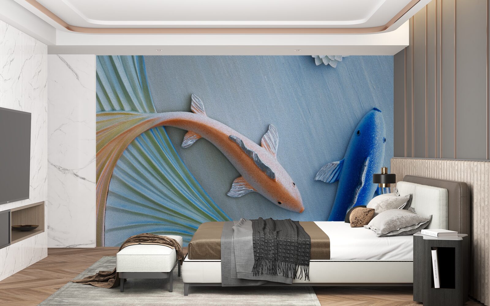 Fotobehang gouden en blauwe vissen zwemmen in het water