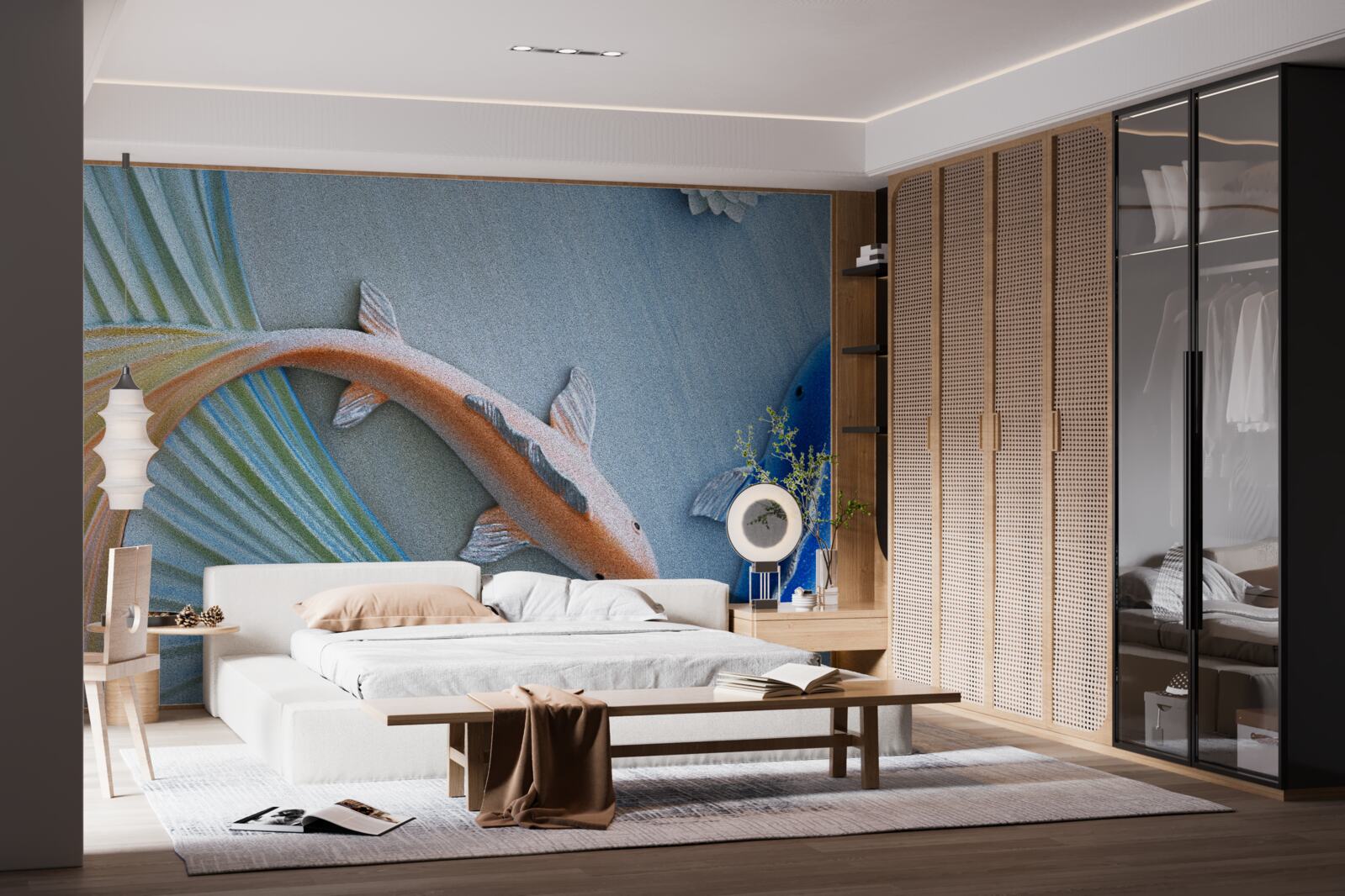 Fotobehang gouden en blauwe vissen zwemmen in het water