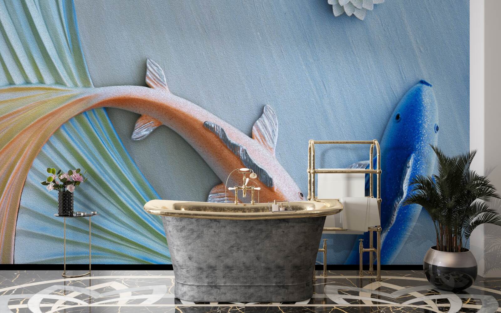 Fotobehang gouden en blauwe vissen zwemmen in het water