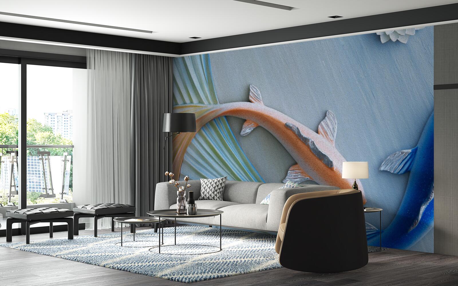 Fotobehang gouden en blauwe vissen zwemmen in het water